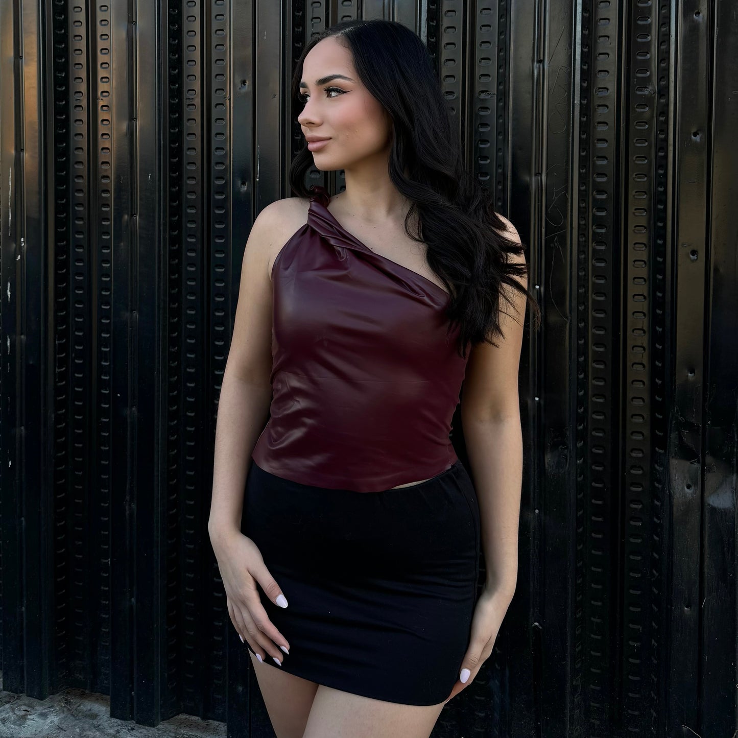 Sangria faux leather twist top